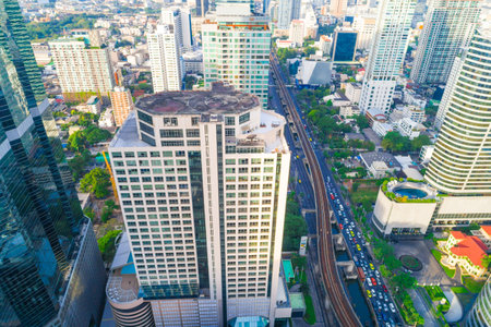 Aerial view Cityscape of Bangkok skyline with Road, Thailand