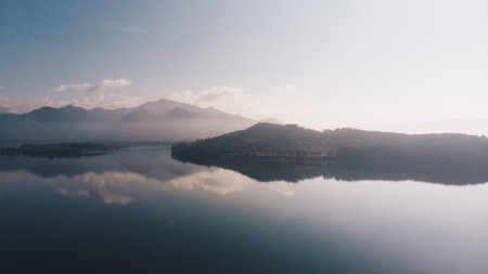 Aerial view river mountain colorful sky cloud nature landscapeの写真素材