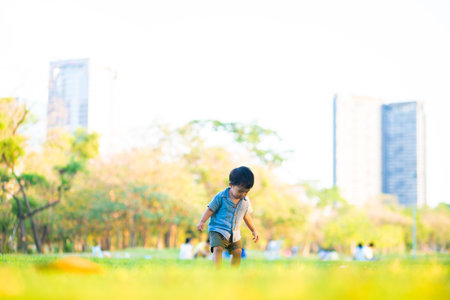 Toddler asian boy playing on grass in city public park sunset light outdoor activityの写真素材