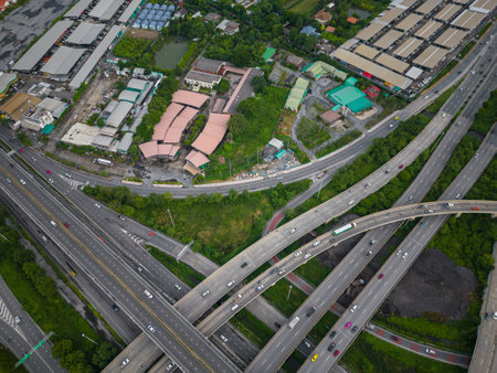 Aerial view city transport junction road with vehicle cross road express way transport industry
