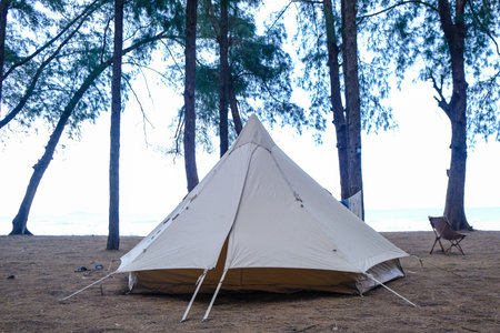 Family camping tent on beach front with pine tree forest summer vacation nature background