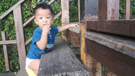 Happy toddler boy playing on outdoor wooden playground in nature parkの写真素材