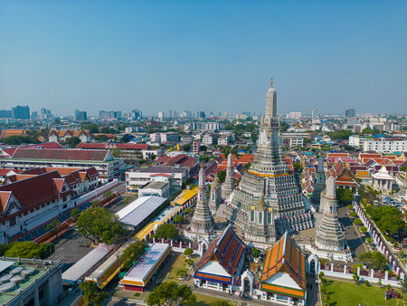 Aerial view Wat Arun Buddhist temple sunny day sightseeing city travel in bangkok Thailand.の写真素材
