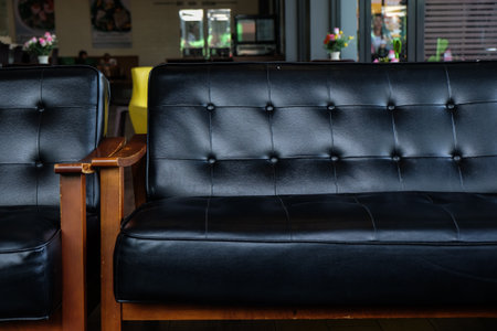 Luxury leather sofa wood arm in vintage cafe, Interior furnitureの写真素材