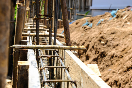 Deformed bar Iron beam on wall construction site new house building