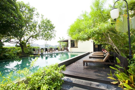 Swimming pool overlooking the mountains and sky のeditorial素材