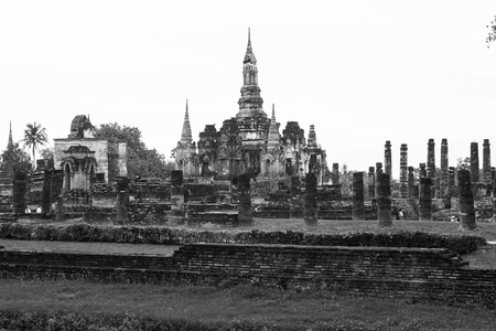 SUKHOTHAI THAILAND: The Main Buddha with golden hand in the temple of Sukhothai historical park in Sukhothai, Thailandの写真素材