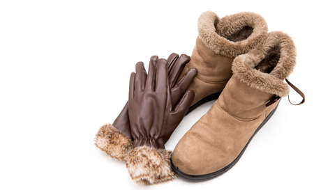 Gloves, suede and leather shoes for women isolated on white background.