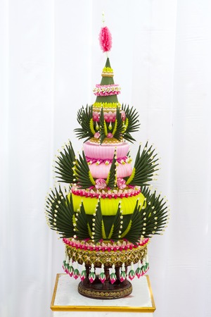Flower decorations on pedestal trays in Thai traditional wedding ceremonyの写真素材