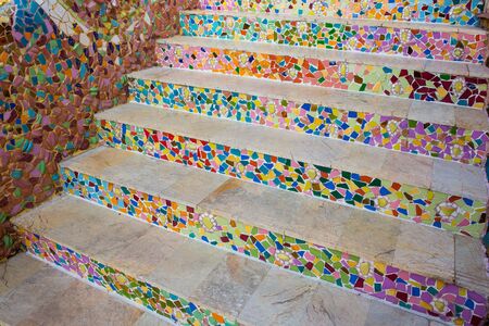 The stairs in the temple are decorated with colored tiles.の写真素材
