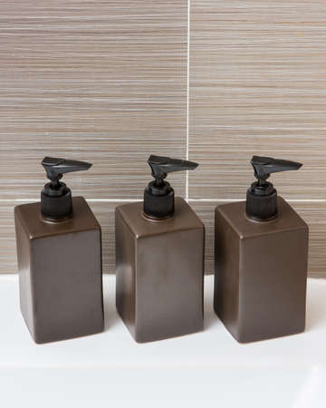Brown pump bottle, shampoo and liquid soapの写真素材