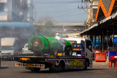 Rangsit market, Pathum Thani province 1822021 truck spraying disinfectant prevent COVID-19 in the...