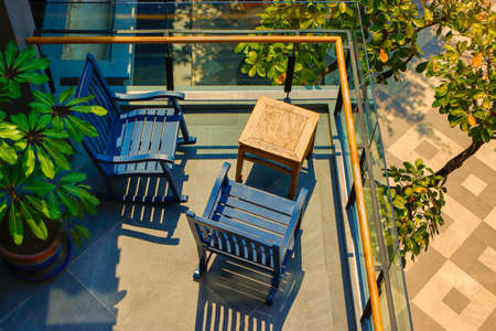 Table and chairs in front of the restaurant;の写真素材