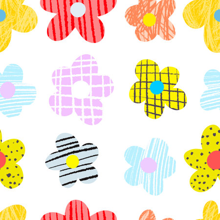 Naive seamless floral boho pattern with flowers on a white background in doodle style. Retro floral background surface design, textile, Scandinavian nursery print. Ð¡ute contemporary minimalistic boho background.のイラスト素材