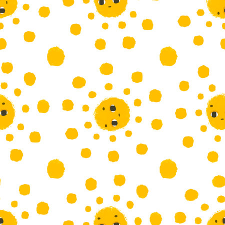 simple seamless pattern with funny yellow suns face. Cute childish art with sun on white background. Baby design and print, fabric design, wall art, wrapping papperのイラスト素材