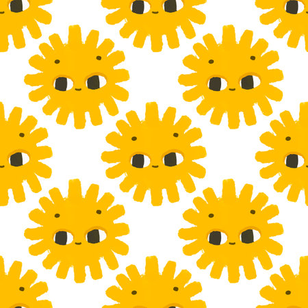 simple seamless pattern with funny yellow suns face. Cute childish art with sun on white background. Baby design and print, fabric design, wall art, wrapping papperのイラスト素材
