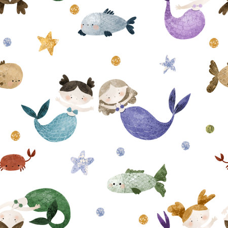 seamless pattern with Sea cartoon mermaids. Mermaid character, fish and underwater life. Cartoon girl with mermaids tail, underwater fishes. Summer pattern, nursery design and printの写真素材