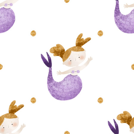 seamless pattern with Sea cartoon mermaids. Mermaid character, fish and underwater life. Cartoon girl with mermaids tail, underwater fishes. Summer pattern, nursery design and printの写真素材