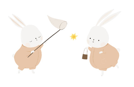 set of cute bunnies, childish hand painted illustration. Baby designg, nursery, print copyのイラスト素材