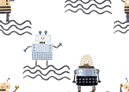 Childish seamless pattern with robots. Funny cartoon rotot, childish illustration.のイラスト素材