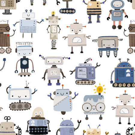 Seamless pattern with different vintage robots. hand painted illustration. Isolated endless repeating color simple flat pattern with robots, bolts, lettering and doodles. Pattern for kids with robots, monsters. Children, kids robo background, wallart.のイラスト素材