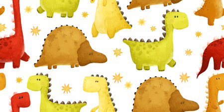 kids seamless pattern with funny colored dinos, dinosaur endless textile, repeat designの写真素材