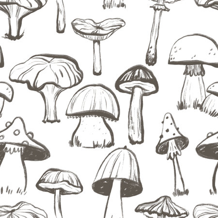 Seamless Doodle pattern with mushroom illustration. Endless background with mushroom in silhouette. minimal style. Perfect for cards, party invitations, posters, nursery, stickers, clothing. Black abstract icon.のイラスト素材