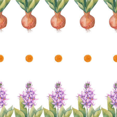 Watercolor background with blossoming hyacinths. Endless wallpaper with flowers. Hyacinth. watercolor illustration. hand drawn.の写真素材