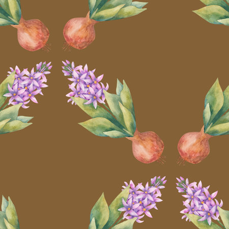 Watercolor background with blossoming hyacinths. Endless wallpaper with flowers. Hyacinth. watercolor illustration. hand drawn.の写真素材