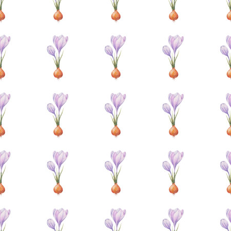 Crocus pattern. Saffronfield. Seamless pattern with purple crocuses. Seamless vector pattern on a transparent background. background illustration. wrapping backgroundの写真素材