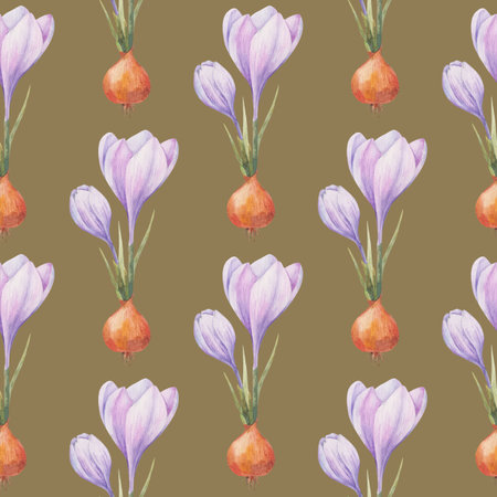 Crocus pattern. Saffronfield. Seamless pattern with purple crocuses. Seamless vector pattern on a transparent background. background illustration. wrapping backgroundの写真素材