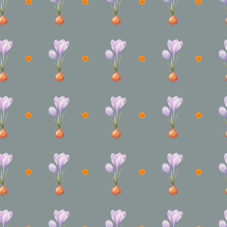 Crocus pattern. Saffronfield. Seamless pattern with purple crocuses. Seamless vector pattern on a transparent background. background illustration. wrapping backgroundの写真素材