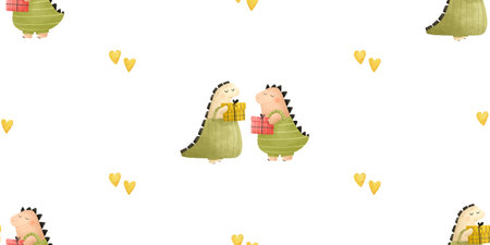 cute childish seamless pattern with funny dinosaurs, dinos with gifts, flowers. cartoon dragon illustrationのイラスト素材