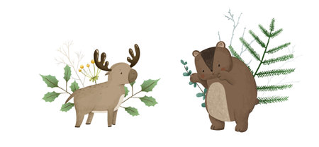 cute childish composition with forest animal and leaves, plants, design and printのイラスト素材