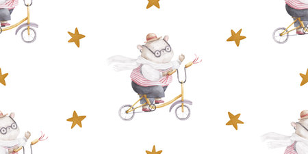 seamless pattern with teddy bear on transport with starsのイラスト素材