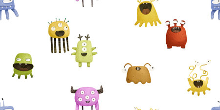 cute seamless pattern with monsters, childish illustration, baby designの写真素材
