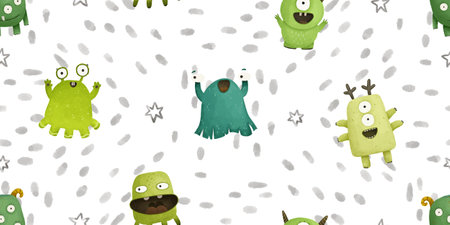 cute seamless pattern with monsters, childish illustration, baby designの写真素材