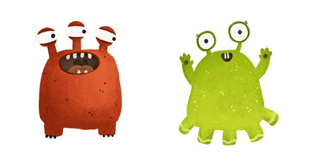 Set of cute monster character illustration. Childish hand painted illustration, design, print,...