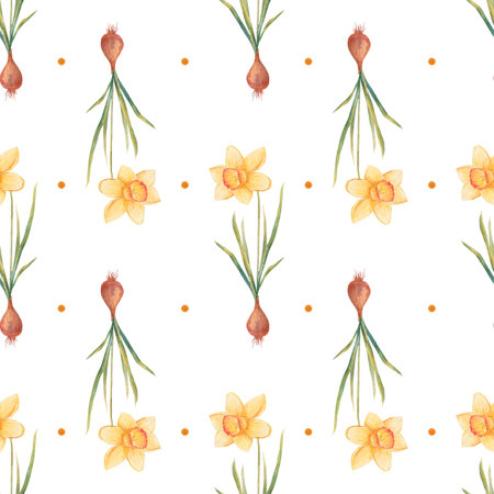 Watercolor botanical realistic floral pattern with narcissus. Bright yellow daffodil on a white background. Natural and vibrant repeated print for textile, wallpaper. spring flowersの写真素材