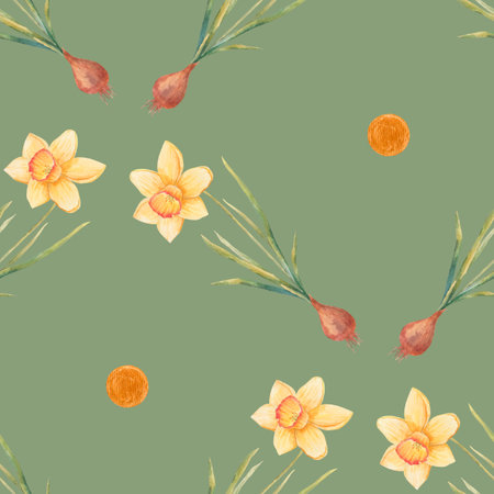 Watercolor botanical realistic floral pattern with narcissus. Bright yellow daffodil on a white background. Natural and vibrant repeated print for textile, wallpaper. spring flowerの写真素材