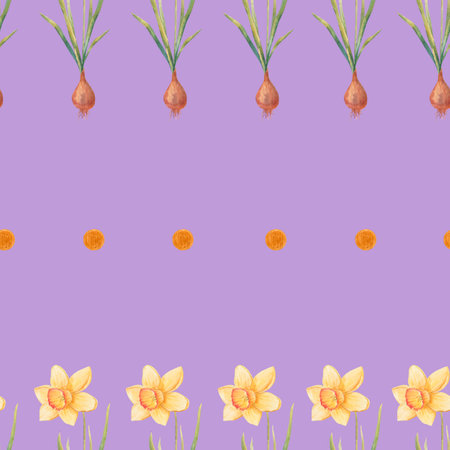 Watercolor botanical realistic floral pattern with narcissus. Bright yellow daffodil on a white background. Natural and vibrant repeated print for textile, wallpaper. spring flowerの写真素材