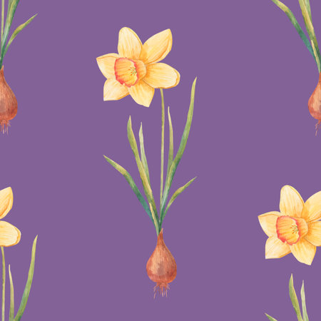 Watercolor botanical realistic floral pattern with narcissus. Bright yellow daffodil on a white background. Natural and vibrant repeated print for textile, wallpaper. spring flowerの写真素材