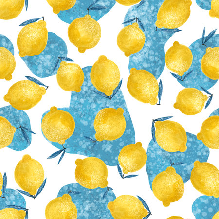 seamless background with bright yellow lemons. Citrus design. Funny pattern with fruits and blue spots. Clothing, wall art, textile, print, paperの写真素材