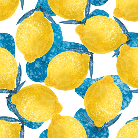 seamless background with bright yellow lemons. Citrus design. Funny pattern with fruits and blue spots. Clothing, wall art, textile, print, paperの写真素材
