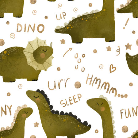 seamless pattern with green dino illustration, dinosaur isolated clipart. Childish card with t rex. Ancient animal, zoo design. Cute childish illustration, endless design on white backgroundの写真素材