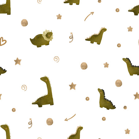 seamless pattern with green dino illustration, dinosaur isolated clipart. Childish card with t rex. Ancient animal, zoo design. Cute childish illustration, endless design on white backgroundの写真素材