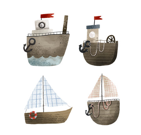 clip art with childish hand painted boats, ships, water transport. Cute illustration on white background, kids art. ocean travelのイラスト素材