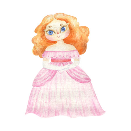 hand painted princess illustration, beauty doll. Cute baby clipart. queen art. Happy girl in bright dress with long hairの写真素材