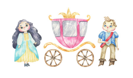 Royal person. kings and queens. Pink princess carriage. Cute childish watercolor illustration on white background.の写真素材