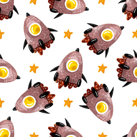 Hand drawn space seamless pattern. space background. Space doodle chuldish illustration. Endless pattern with cartoon space rockets, planets, stars, moon, clouds, solar system, ufoの写真素材